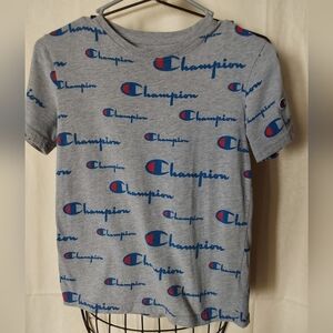 Champion T-shirt,Vintage Women's Gray Gray Champion Blue Bar All Over Print ,Med